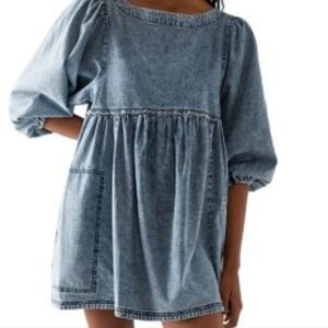 Free People Light Denim Blue Smocked Babydoll Dress
